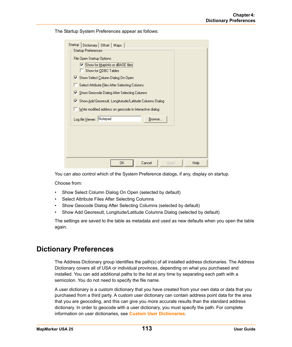 Dictionary preferences | Pitney Bowes MapMarker USA User Manual | Page 113 / 334