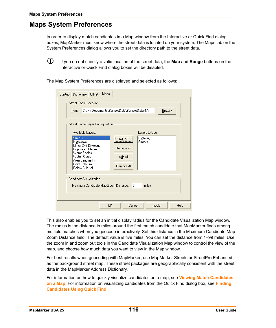 Maps system preferences | Pitney Bowes MapMarker USA User Manual | Page 116 / 334