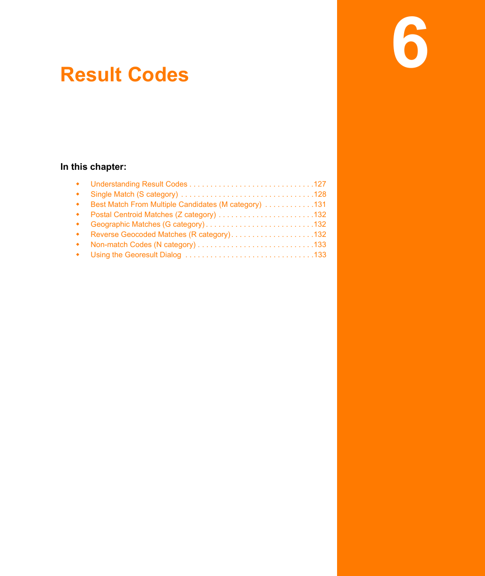 Result codes, Chapter 6: result codes, Chapter 6 result codes | Pitney Bowes MapMarker USA User Manual | Page 126 / 334