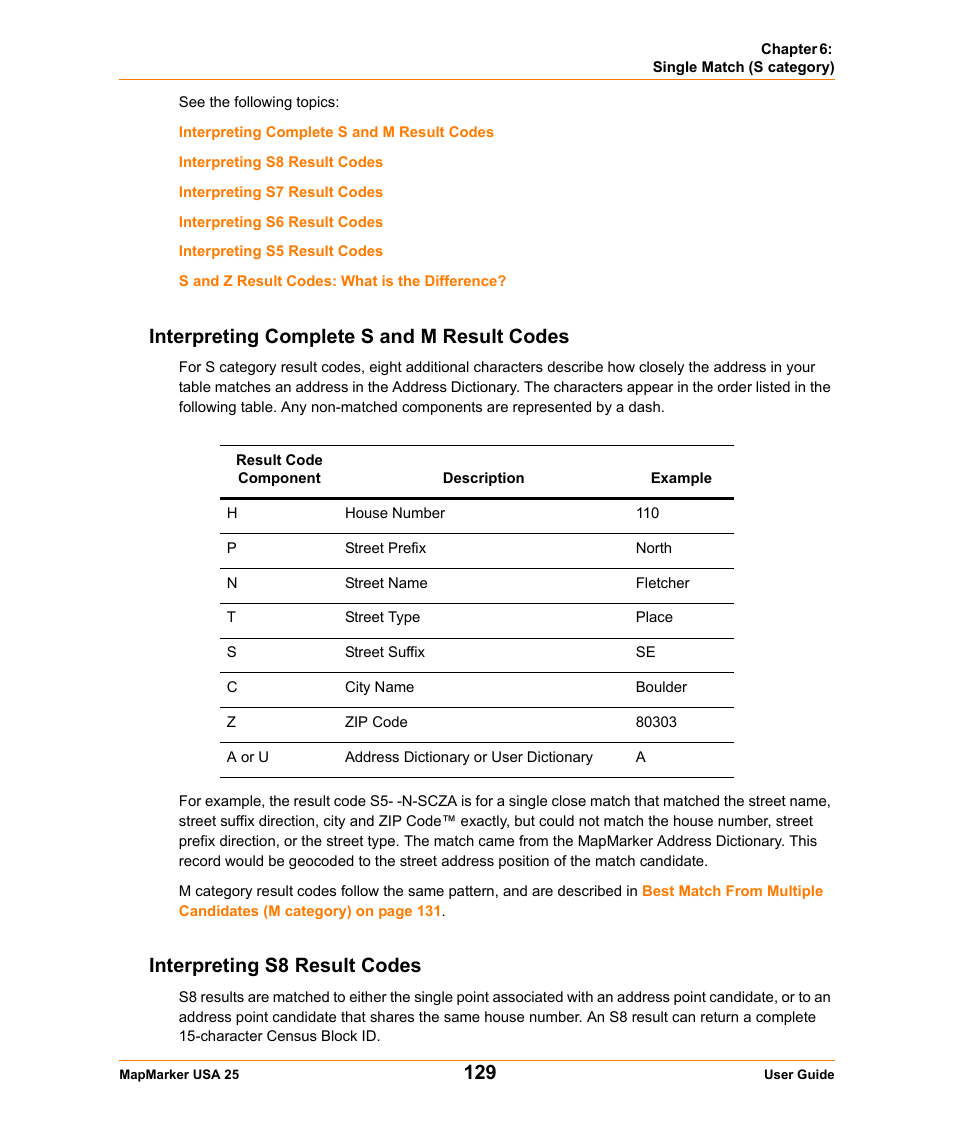 Interpreting complete s and m result codes, Interpreting s8 result codes | Pitney Bowes MapMarker USA User Manual | Page 129 / 334