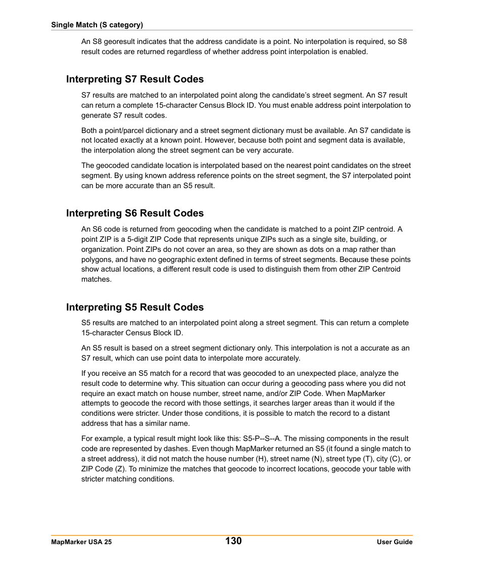 Interpreting s7 result codes, Interpreting s6 result codes, Interpreting s5 result codes | Interpreting s5, Interpreting s7 result | Pitney Bowes MapMarker USA User Manual | Page 130 / 334