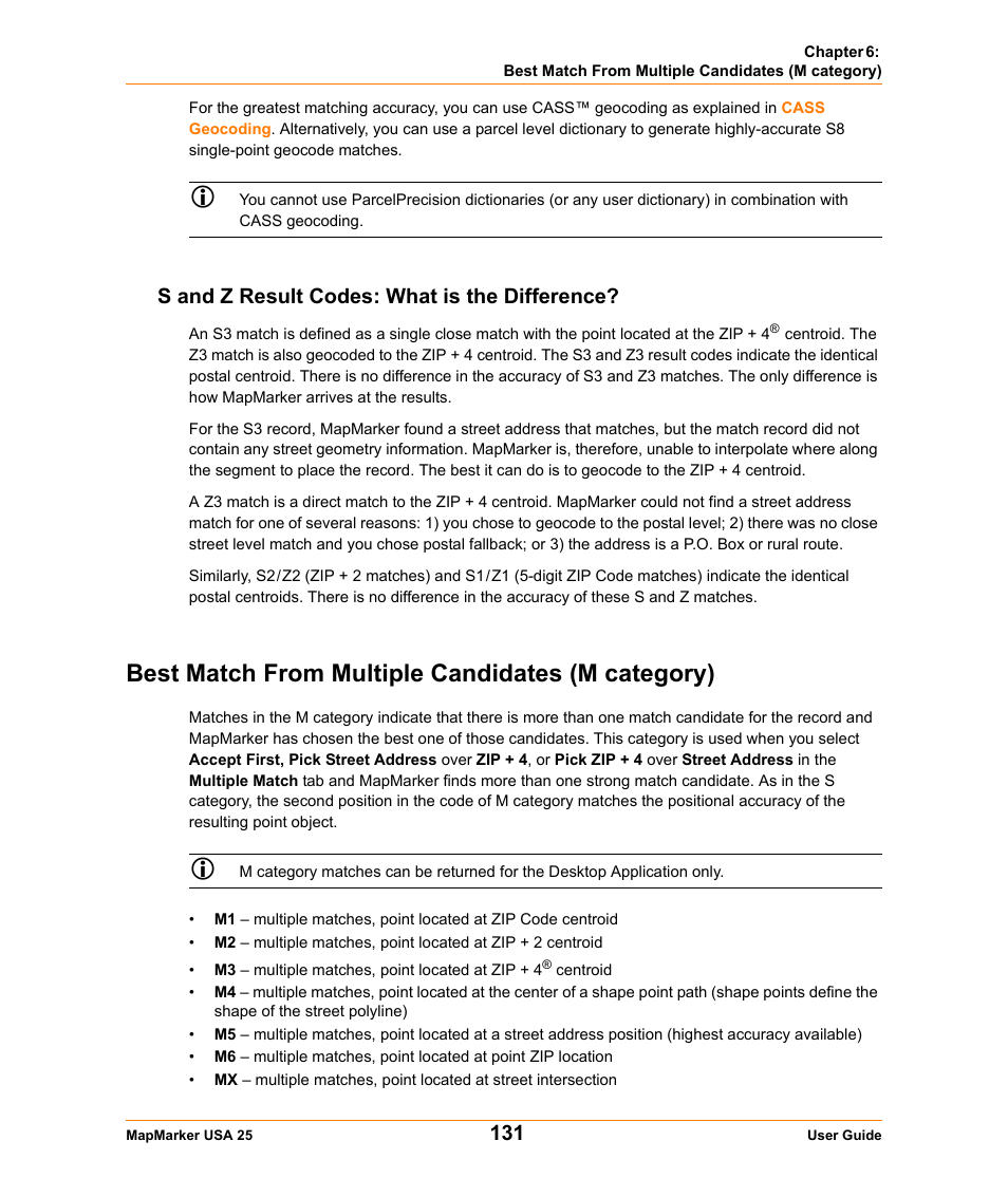 S and z result codes: what is the difference, Best match from multiple candidates (m category), Best match from multiple | Pitney Bowes MapMarker USA User Manual | Page 131 / 334