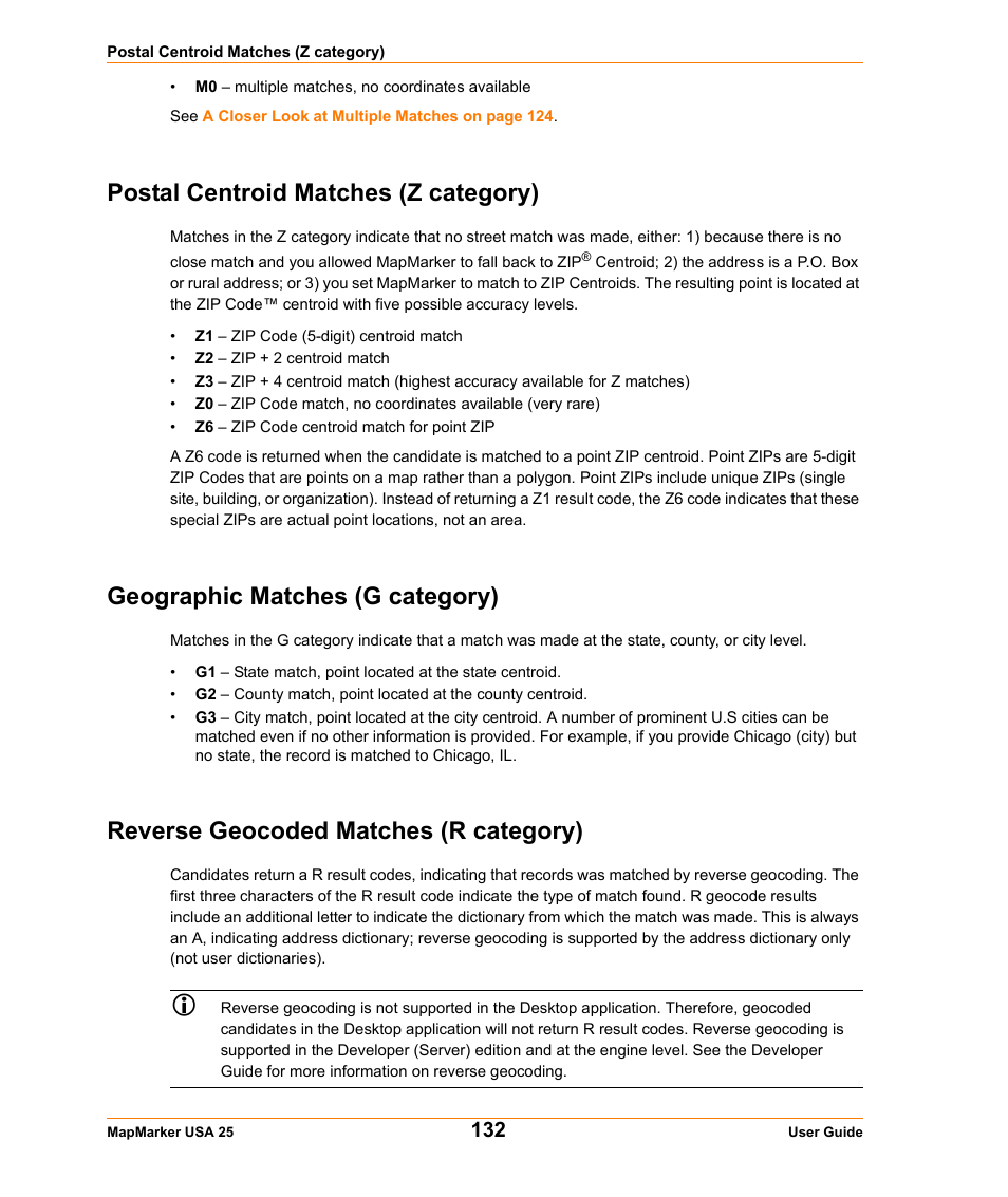 Postal centroid matches (z category), Geographic matches (g category), Reverse geocoded matches (r category) | Postal centroid matches, Z category), Geographic matches (g, Category) | Pitney Bowes MapMarker USA User Manual | Page 132 / 334