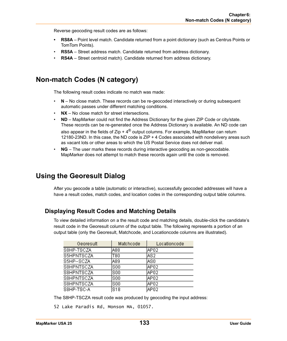 Non-match codes (n category), Using the georesult dialog, Displaying result codes and matching details | Pitney Bowes MapMarker USA User Manual | Page 133 / 334