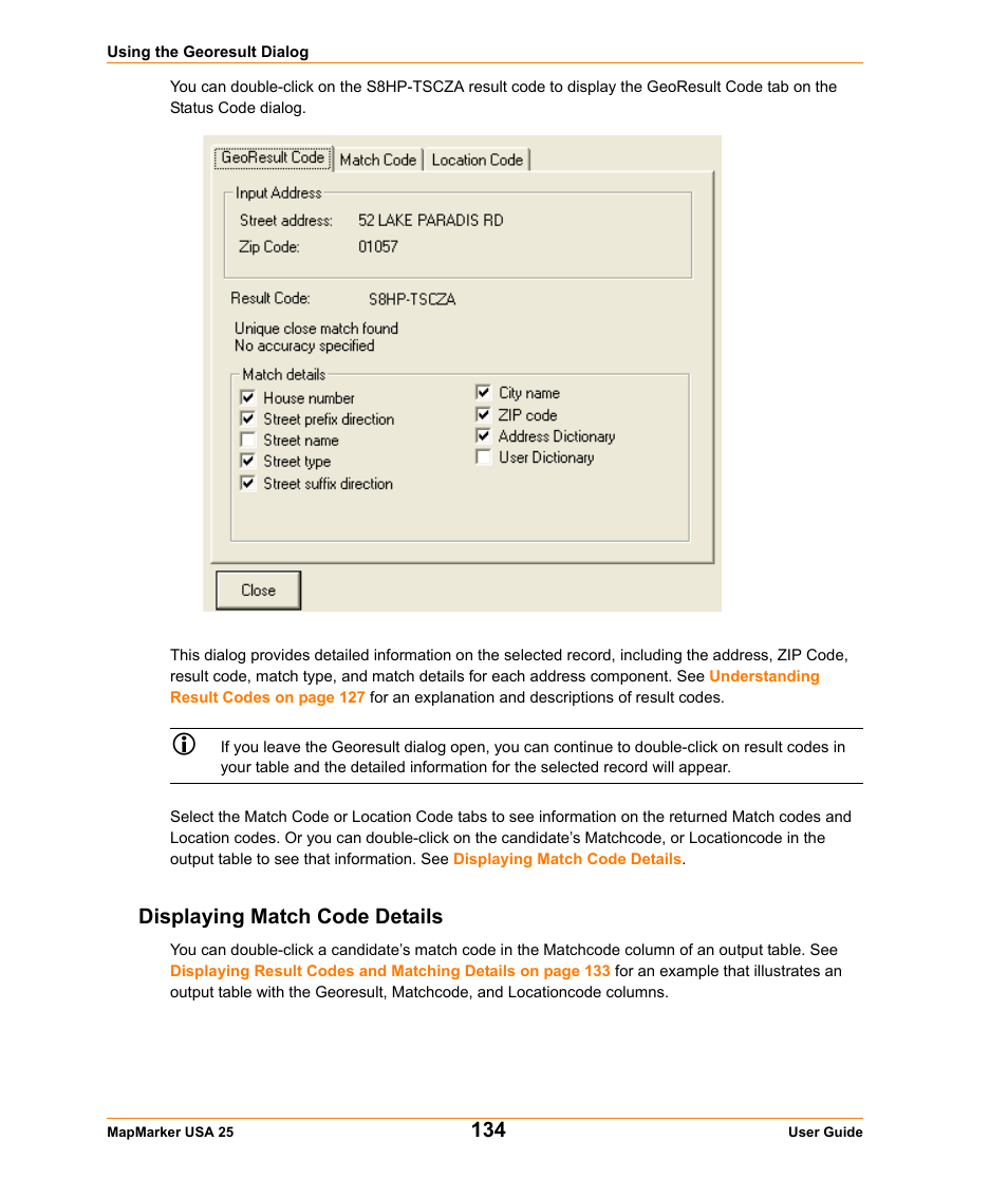 Displaying match code details | Pitney Bowes MapMarker USA User Manual | Page 134 / 334
