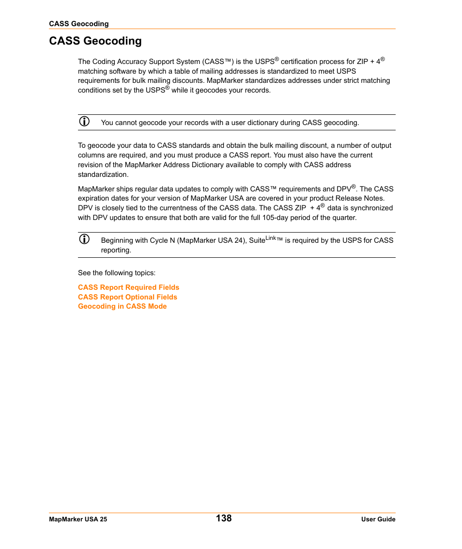 Cass geocoding | Pitney Bowes MapMarker USA User Manual | Page 138 / 334