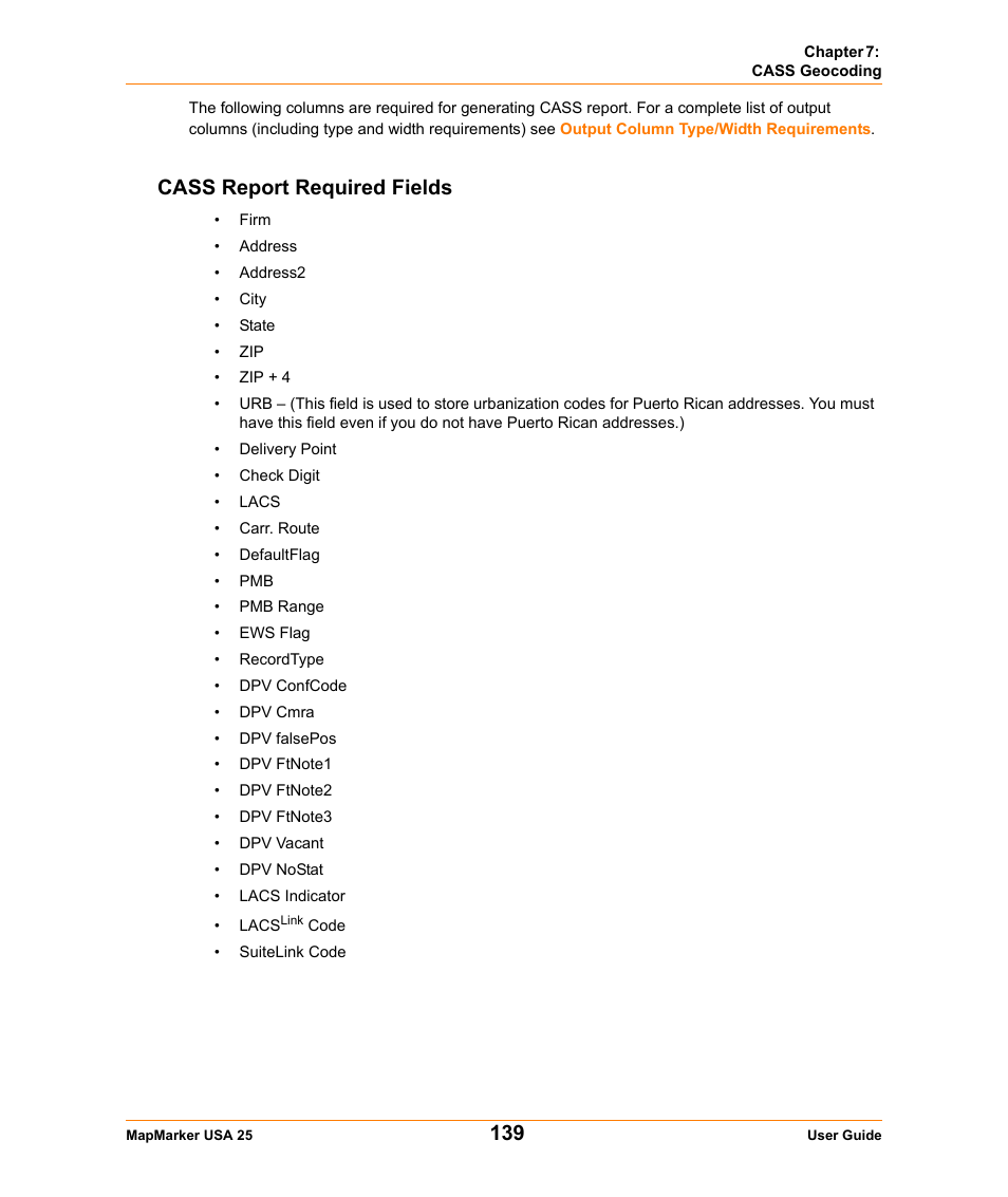 Cass report required fields | Pitney Bowes MapMarker USA User Manual | Page 139 / 334