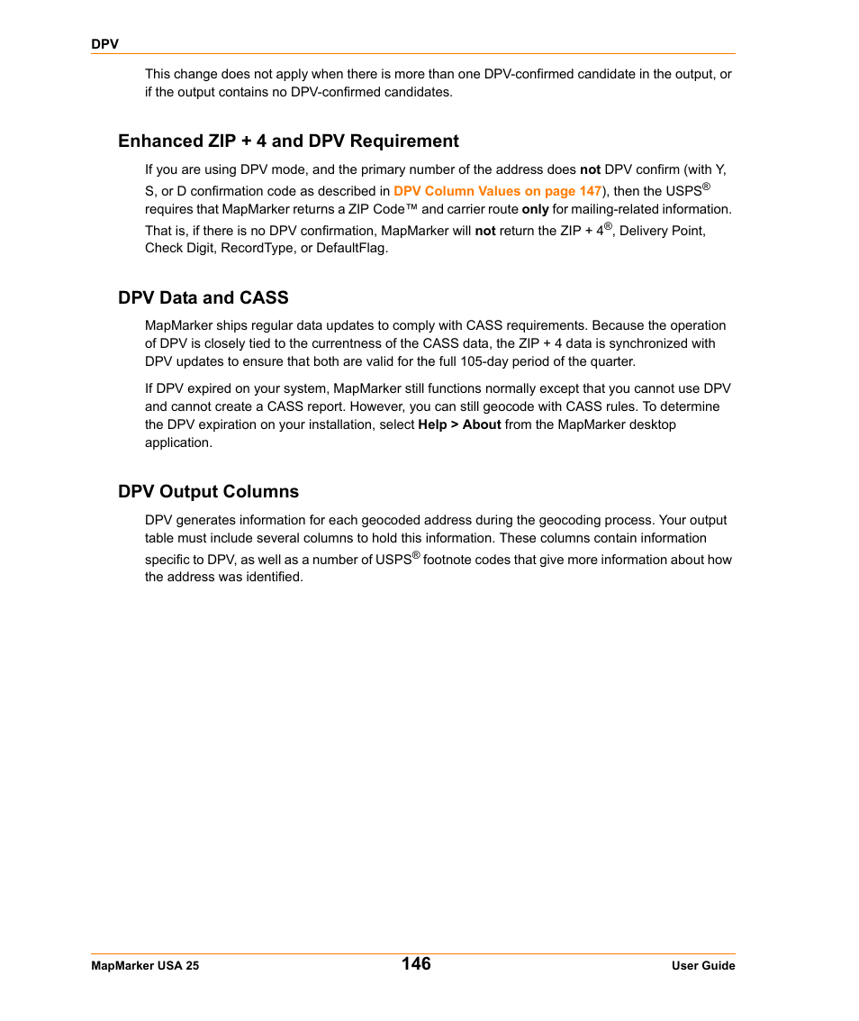 Enhanced zip + 4 and dpv requirement, Dpv data and cass, Dpv output columns | Pitney Bowes MapMarker USA User Manual | Page 146 / 334