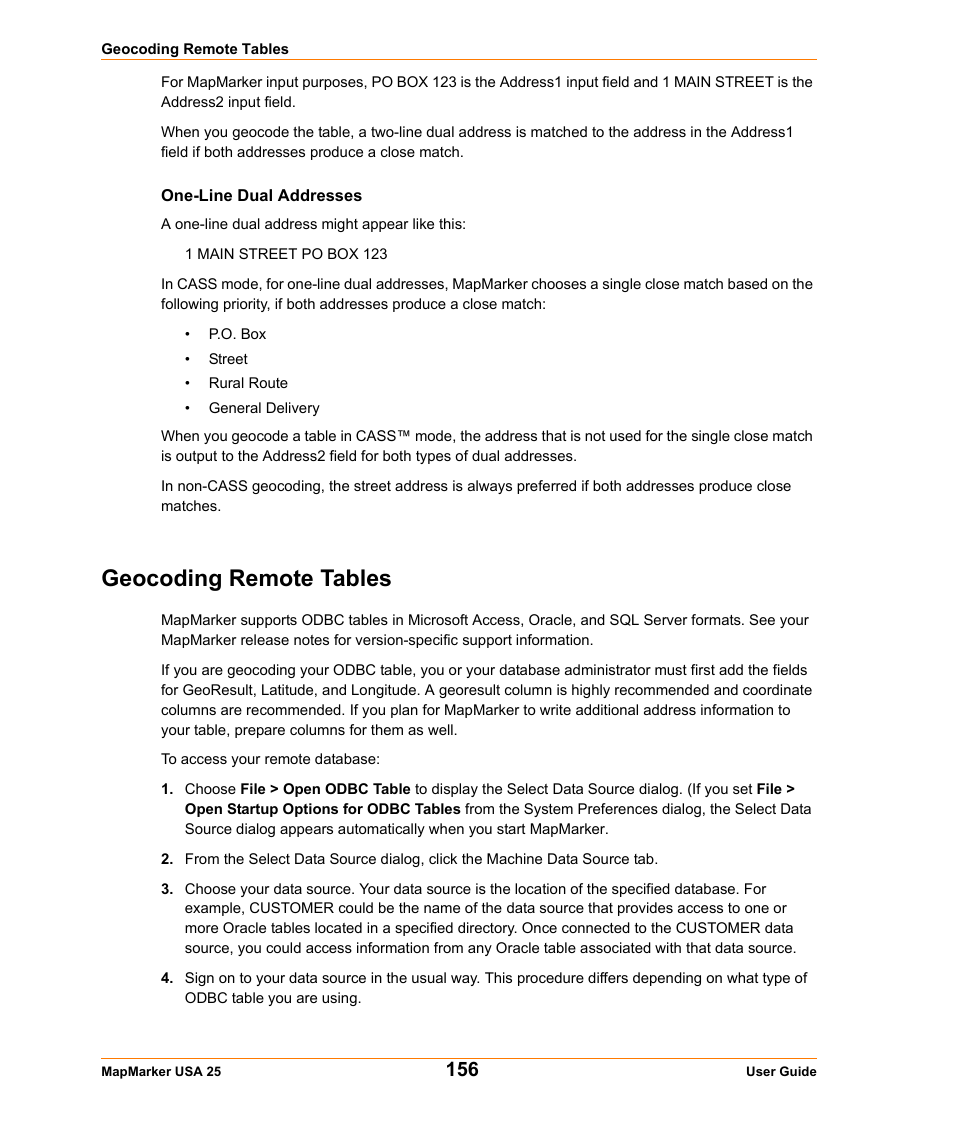 One-line dual addresses, Geocoding remote tables | Pitney Bowes MapMarker USA User Manual | Page 156 / 334