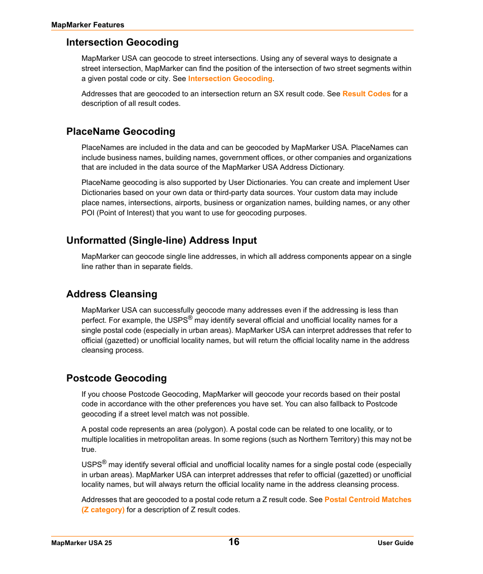 Intersection geocoding, Placename geocoding, Unformatted (single-line) address input | Address cleansing, Postcode geocoding | Pitney Bowes MapMarker USA User Manual | Page 16 / 334