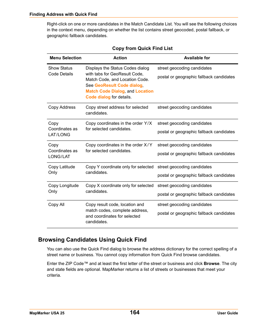 Browsing candidates using quick find, Browsing, Browsing candidates using quick find on | Pitney Bowes MapMarker USA User Manual | Page 164 / 334