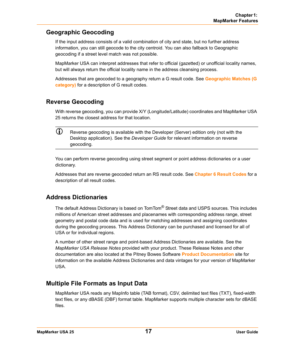 Geographic geocoding, Reverse geocoding, Address dictionaries | Multiple file formats as input data | Pitney Bowes MapMarker USA User Manual | Page 17 / 334