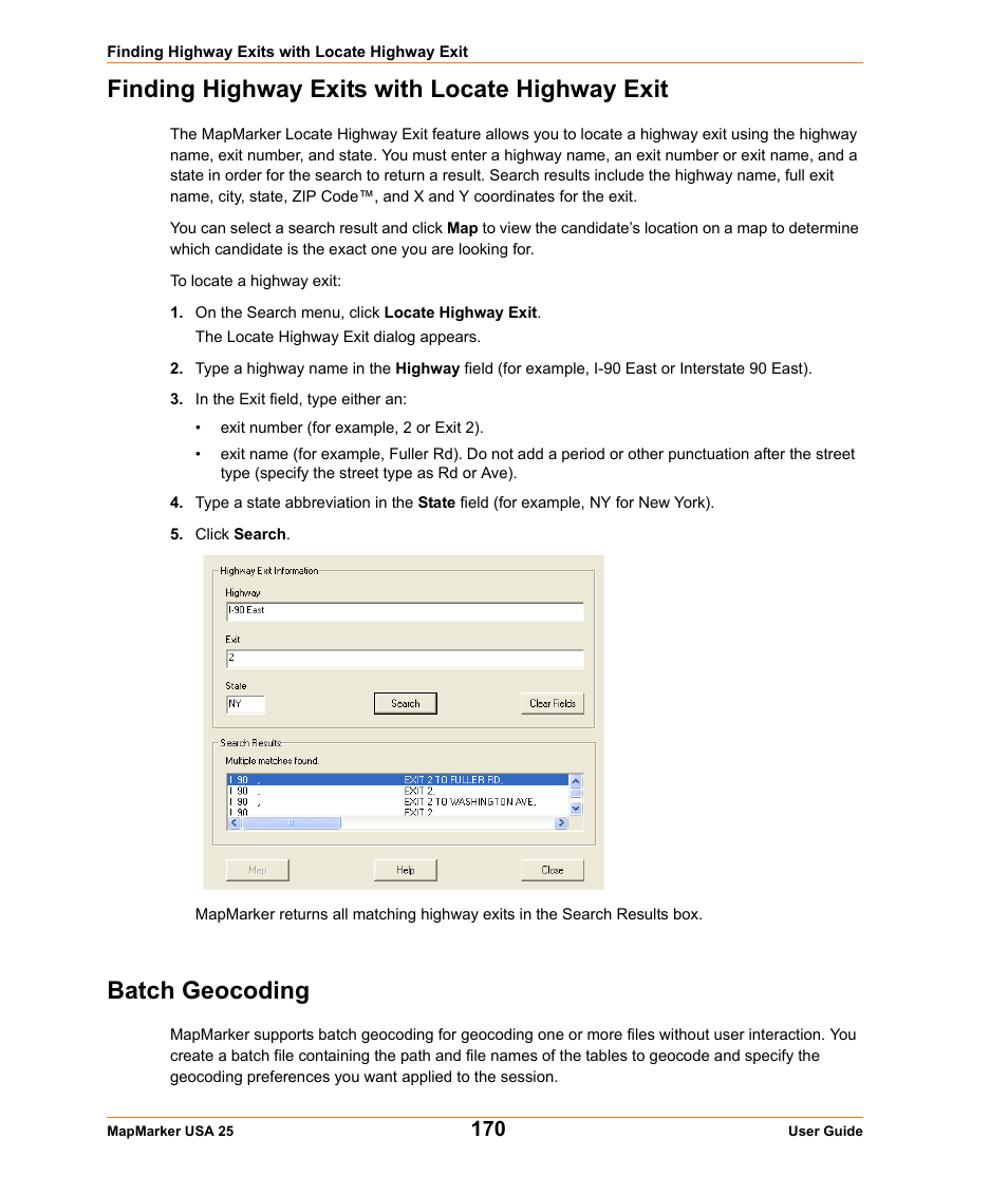 Finding highway exits with locate highway exit, Batch geocoding | Pitney Bowes MapMarker USA User Manual | Page 170 / 334