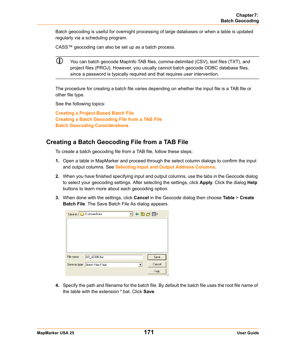 Creating a batch geocoding file from a tab file | Pitney Bowes MapMarker USA User Manual | Page 171 / 334