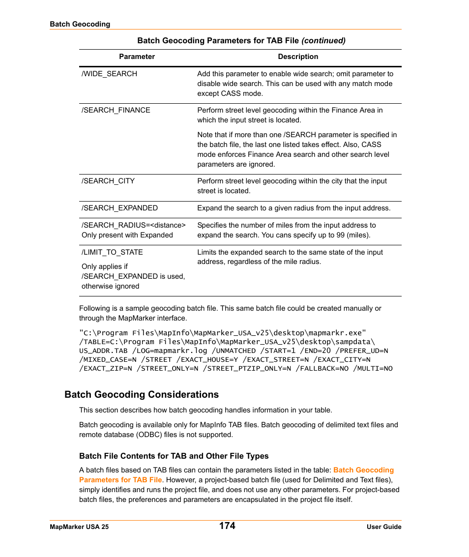Batch geocoding considerations, Batch file contents for tab and other file types, Search_finance | Pitney Bowes MapMarker USA User Manual | Page 174 / 334