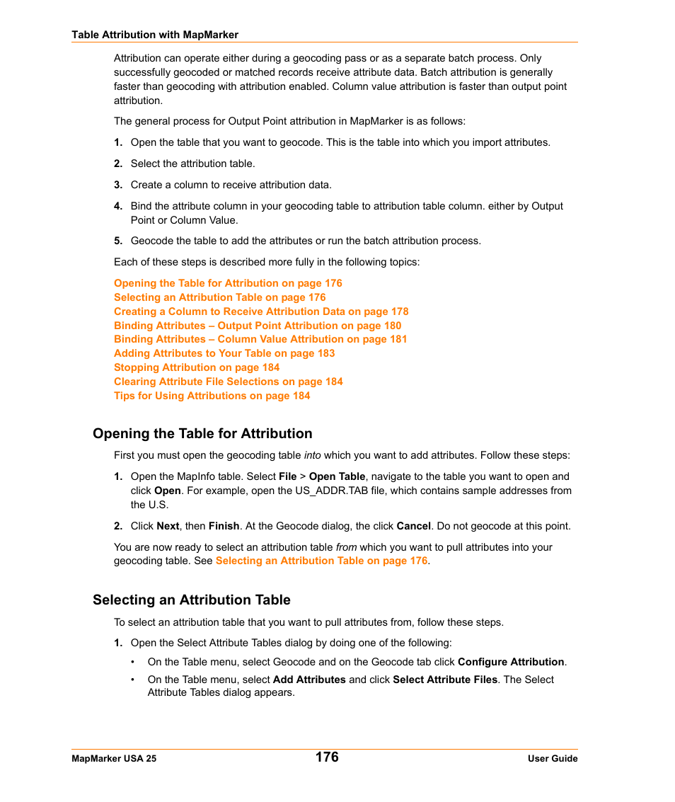 Opening the table for attribution, Selecting an attribution table | Pitney Bowes MapMarker USA User Manual | Page 176 / 334