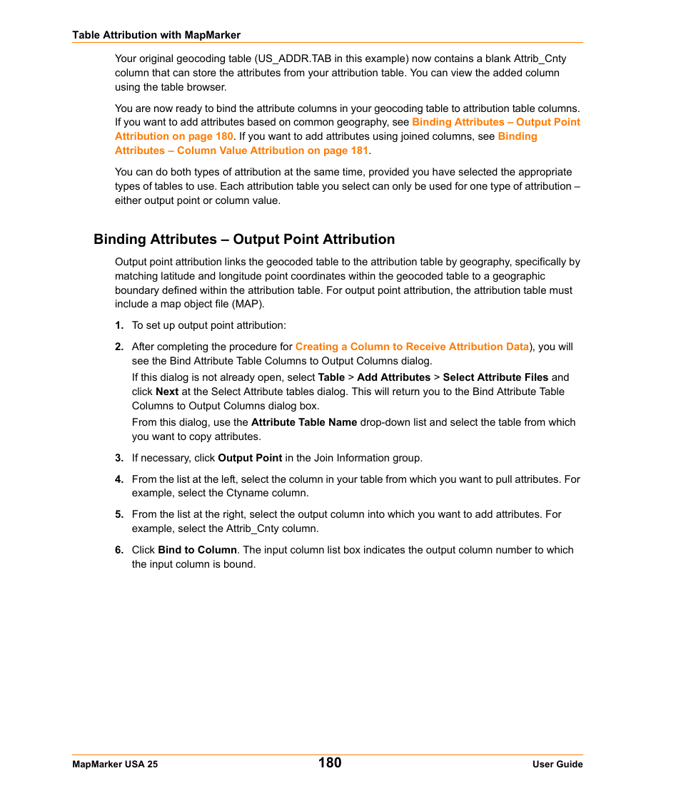 Binding attributes - output point attribution, Binding attributes – output point attribution | Pitney Bowes MapMarker USA User Manual | Page 180 / 334
