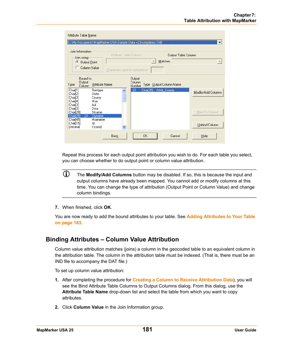 Binding attributes - column value attribution, Binding attributes – column value attribution, Binding | Pitney Bowes MapMarker USA User Manual | Page 181 / 334