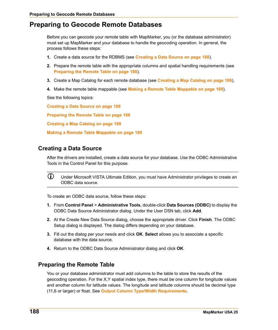 Preparing to geocode remote databases, Creating a data source, Preparing the remote table | Creating a data source preparing the remote table | Pitney Bowes MapMarker USA User Manual | Page 188 / 334