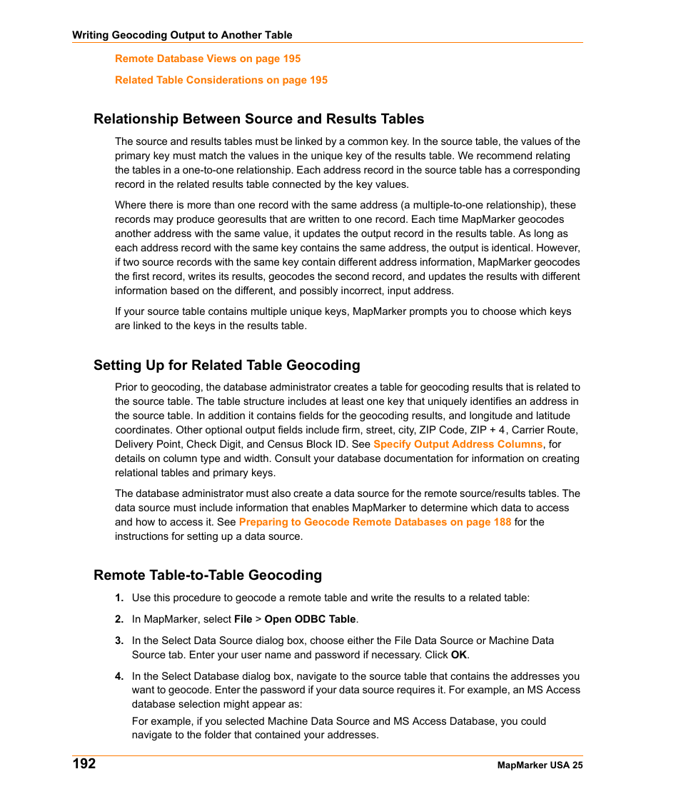 Relationship between source and results tables, Setting up for related table geocoding, Remote table-to-table geocoding | Pitney Bowes MapMarker USA User Manual | Page 192 / 334