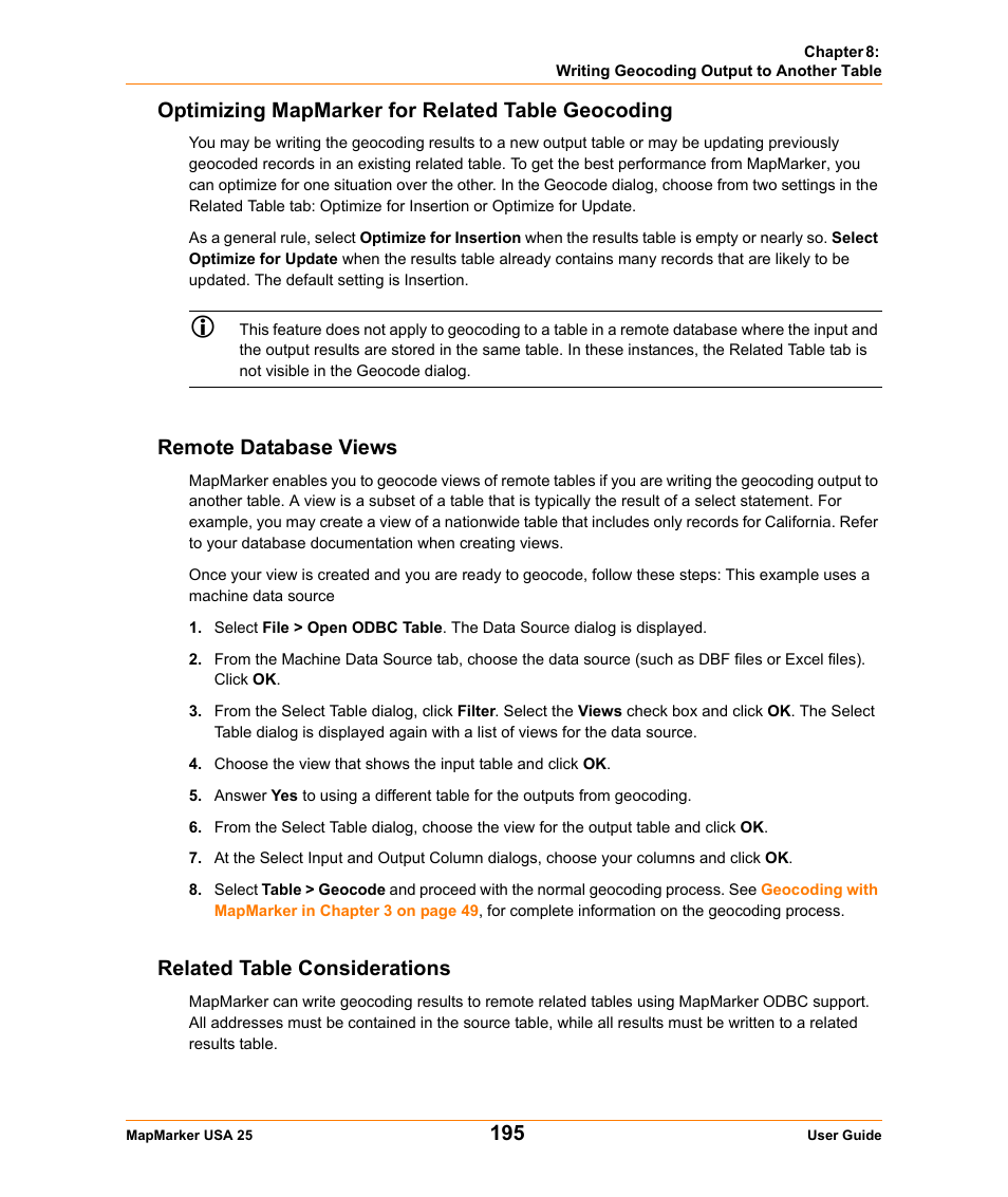 Optimizing mapmarker for related table geocoding, Remote database views, Related table considerations | Pitney Bowes MapMarker USA User Manual | Page 195 / 334