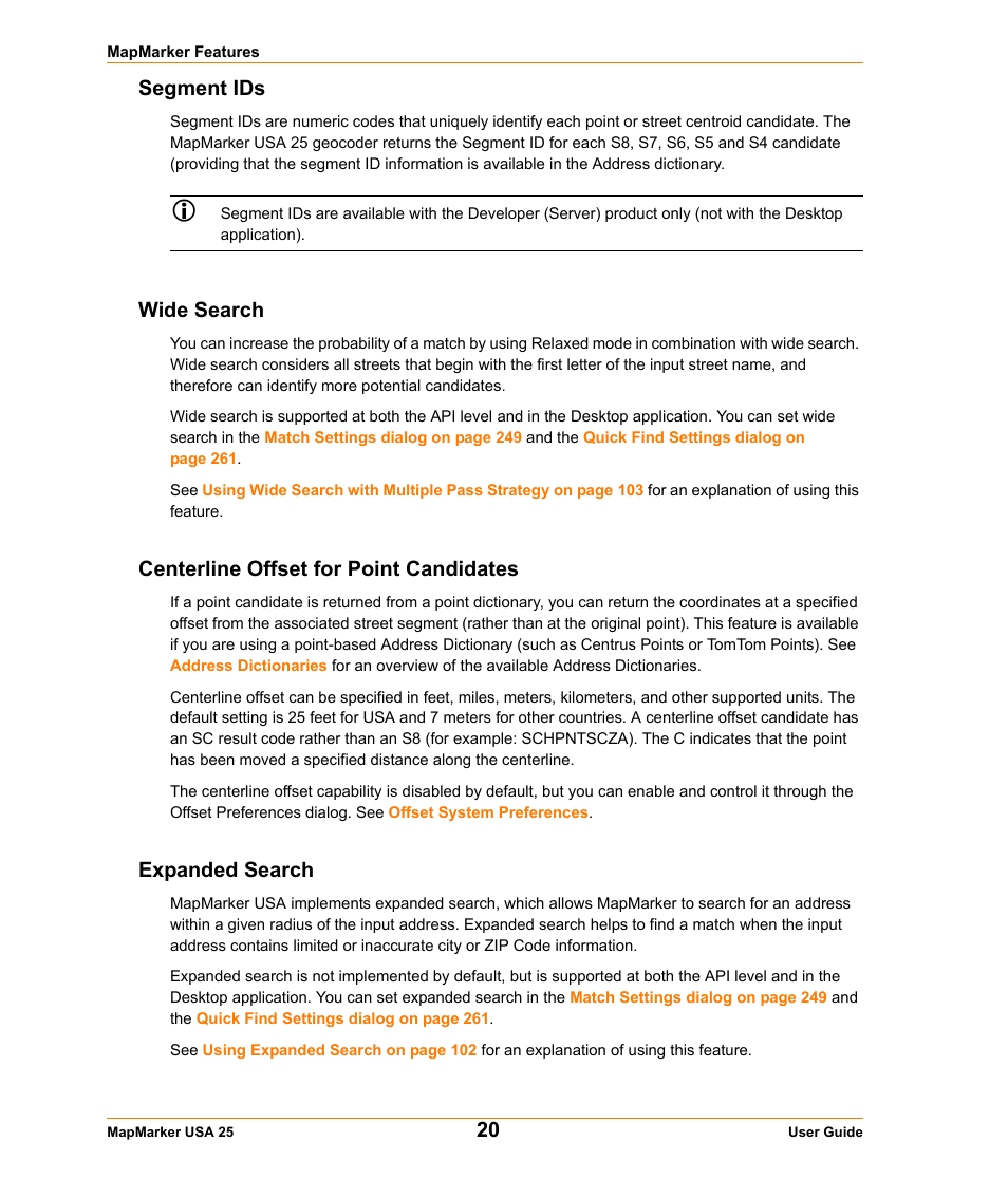 Segment ids, Wide search, Centerline offset for point candidates | Expanded search | Pitney Bowes MapMarker USA User Manual | Page 20 / 334