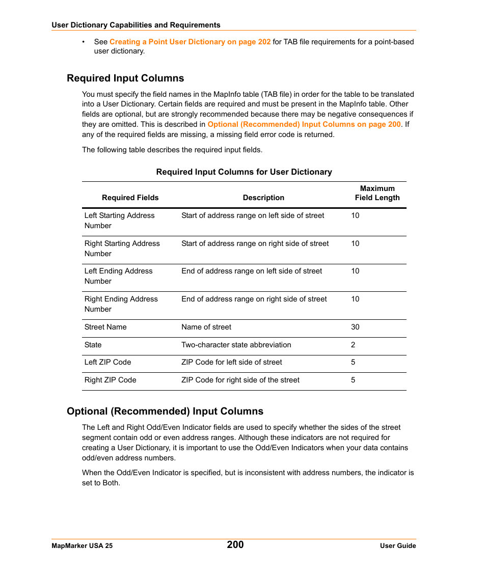 Required input columns, Optional (recommended) input columns | Pitney Bowes MapMarker USA User Manual | Page 200 / 334