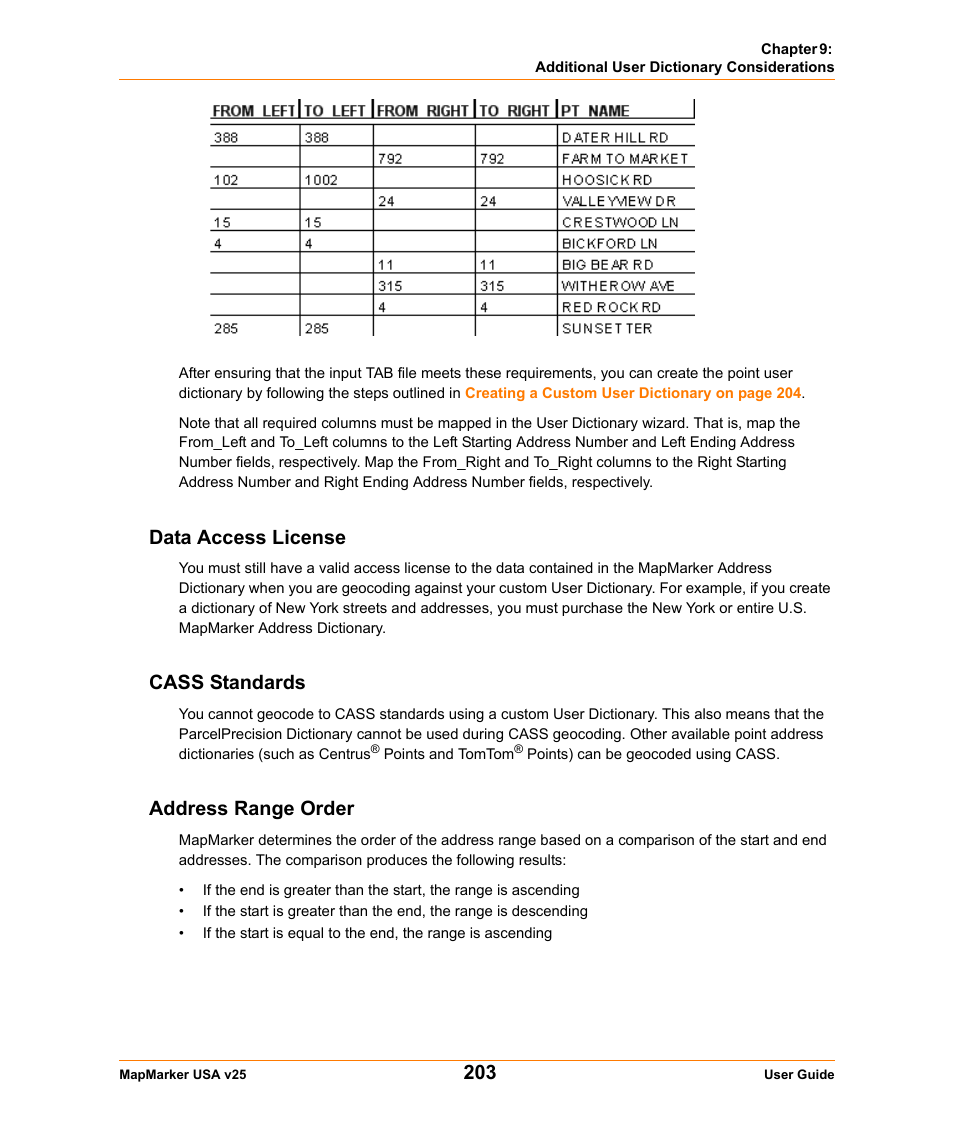 Data access license, Cass standards, Address range order | Cass standards address range order | Pitney Bowes MapMarker USA User Manual | Page 203 / 334