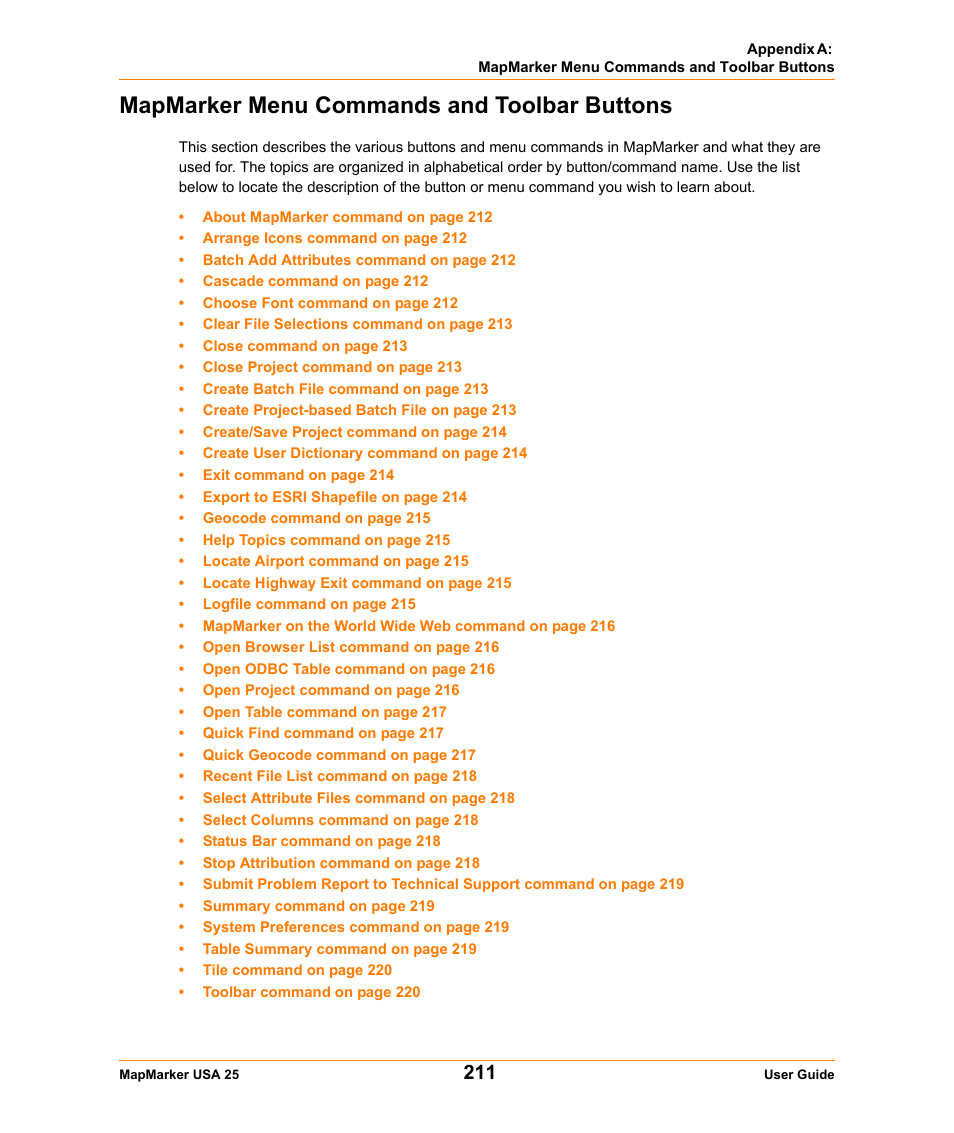 Mapmarker menu commands and toolbar buttons | Pitney Bowes MapMarker USA User Manual | Page 211 / 334