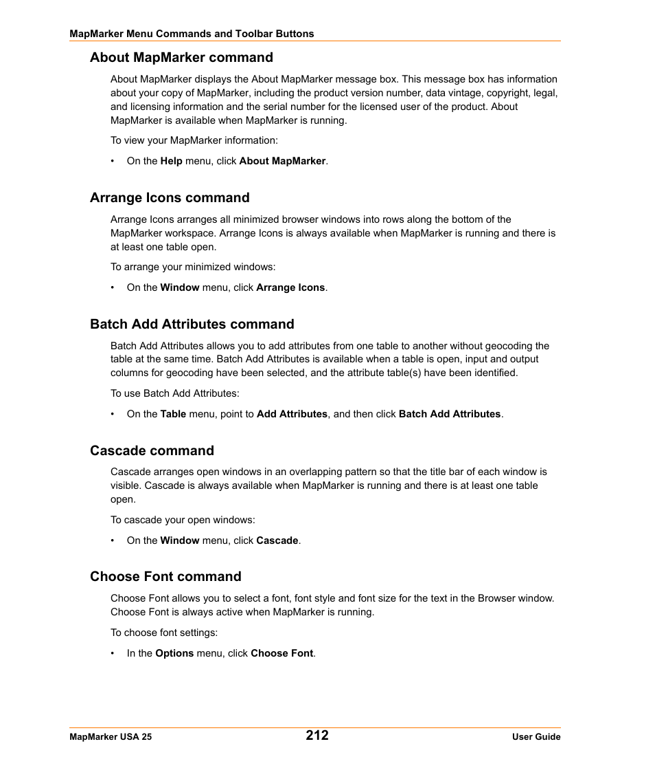 About mapmarker command, Arrange icons command, Batch add attributes command | Cascade command, Choose font command | Pitney Bowes MapMarker USA User Manual | Page 212 / 334