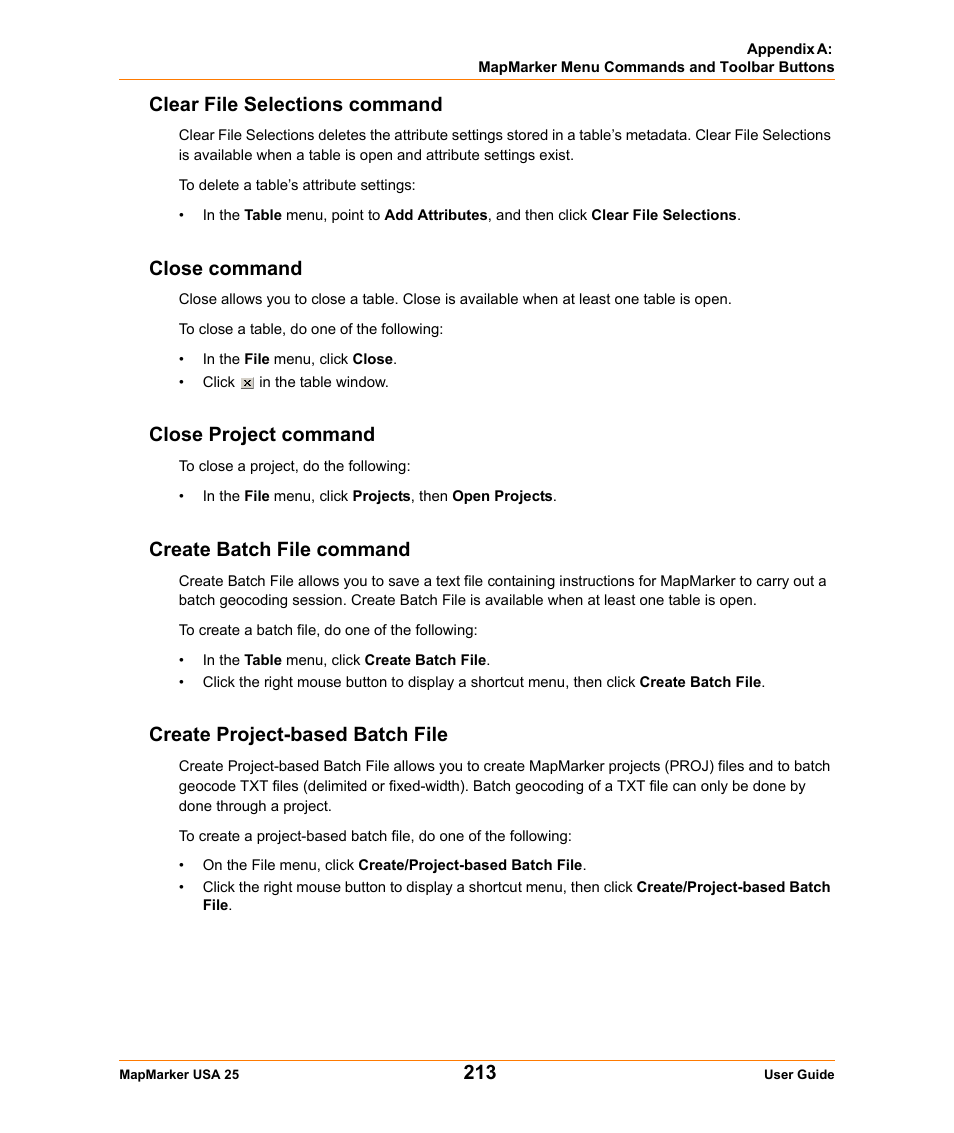 Clear file selections command, Close command, Close project command | Create batch file command, Create project-based batch file | Pitney Bowes MapMarker USA User Manual | Page 213 / 334