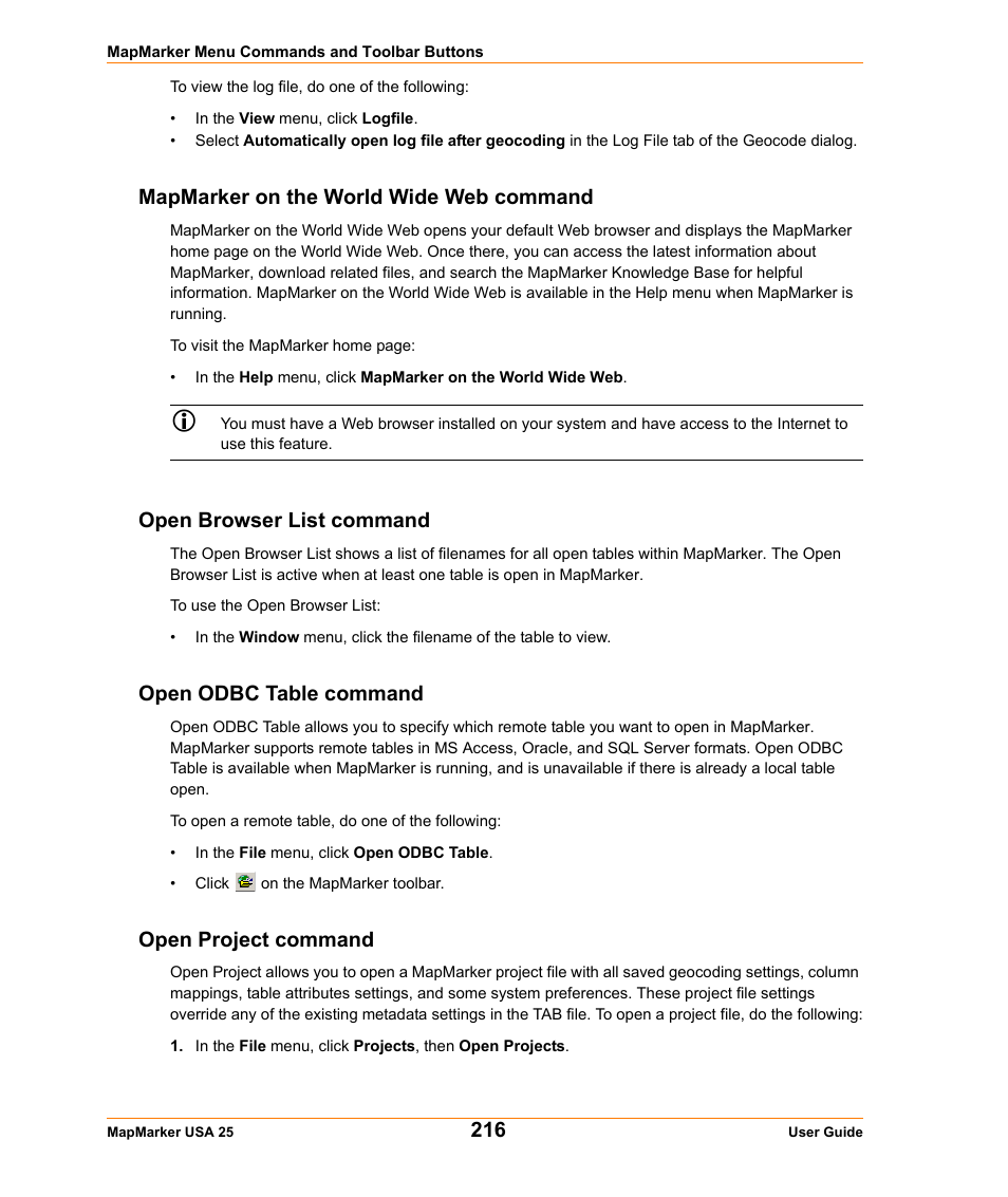 Mapmarker on the world wide web command, Open browser list command, Open odbc table command | Open project command | Pitney Bowes MapMarker USA User Manual | Page 216 / 334