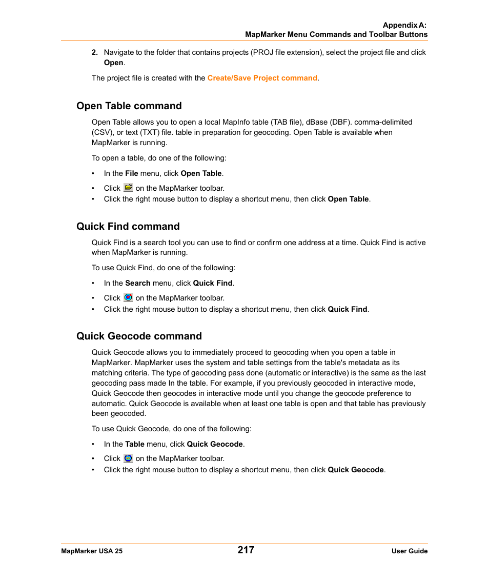 Open table command, Quick find command, Quick geocode command | Quick geocode command) | Pitney Bowes MapMarker USA User Manual | Page 217 / 334
