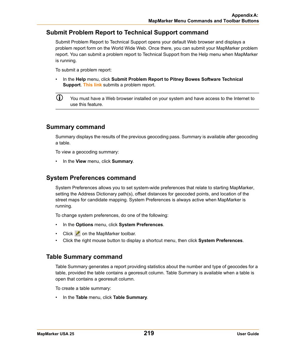 Submit problem report to technical support command, Summary command, System preferences command | Table summary command, System preferences command table summary command | Pitney Bowes MapMarker USA User Manual | Page 219 / 334