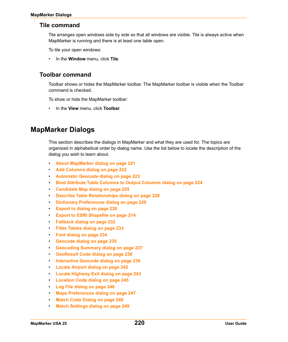 Tile command, Toolbar command, Mapmarker dialogs | Tile command toolbar command | Pitney Bowes MapMarker USA User Manual | Page 220 / 334
