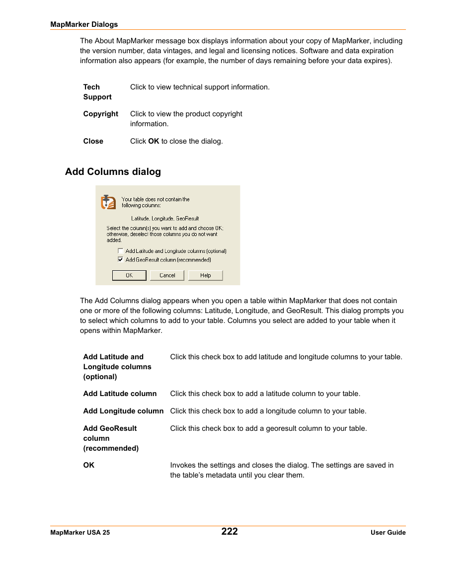 Add columns dialog | Pitney Bowes MapMarker USA User Manual | Page 222 / 334