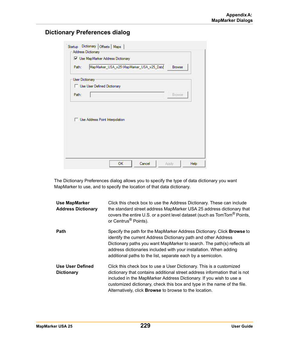 Dictionary preferences dialog | Pitney Bowes MapMarker USA User Manual | Page 229 / 334