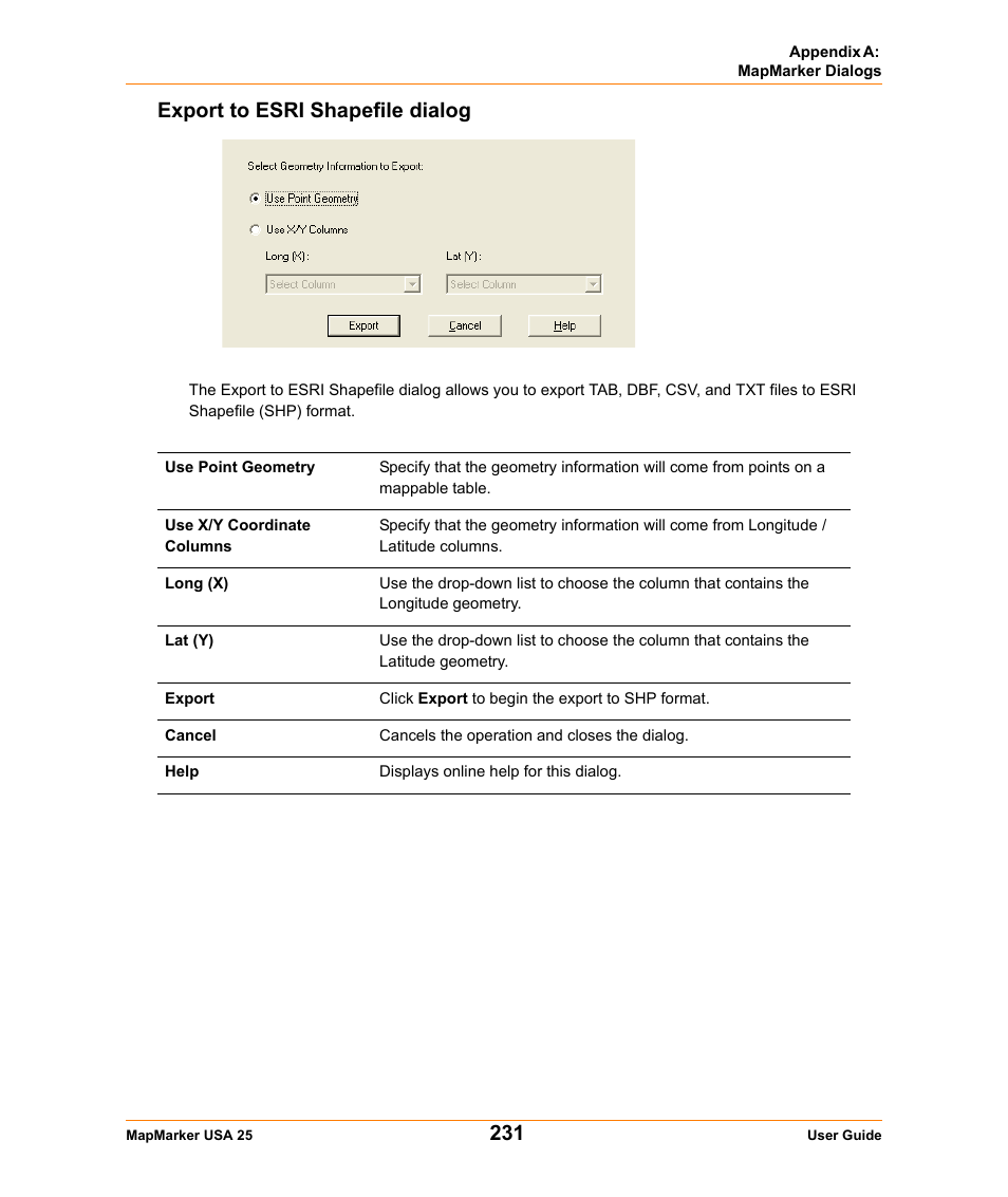 Export to esri shapefile dialog | Pitney Bowes MapMarker USA User Manual | Page 231 / 334