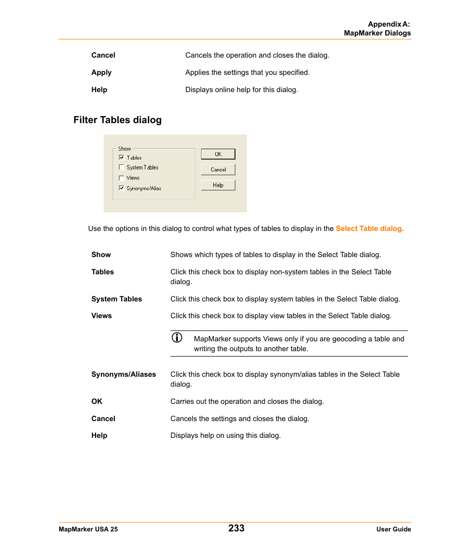 Filter tables dialog | Pitney Bowes MapMarker USA User Manual | Page 233 / 334