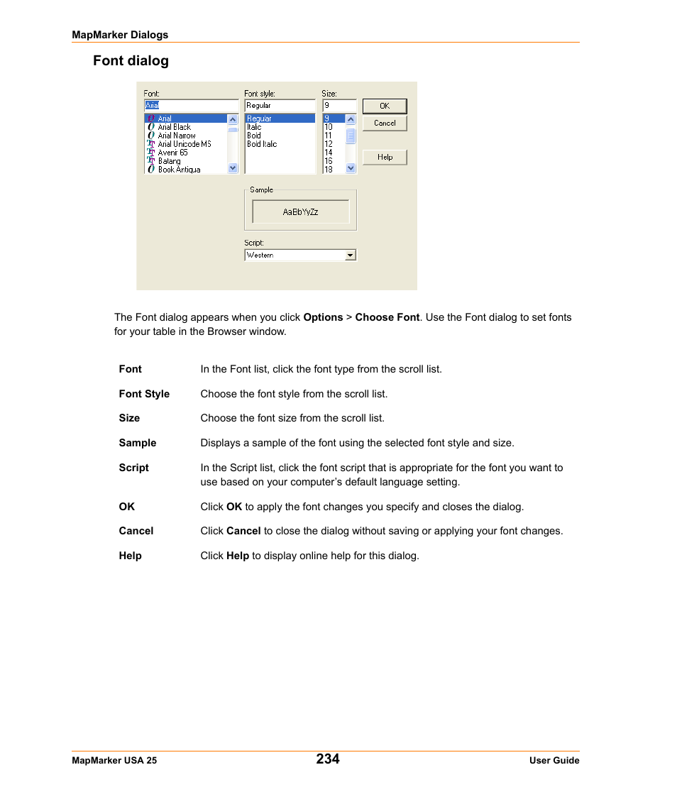 Font dialog | Pitney Bowes MapMarker USA User Manual | Page 234 / 334