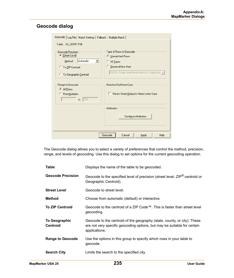 Geocode dialog | Pitney Bowes MapMarker USA User Manual | Page 235 / 334