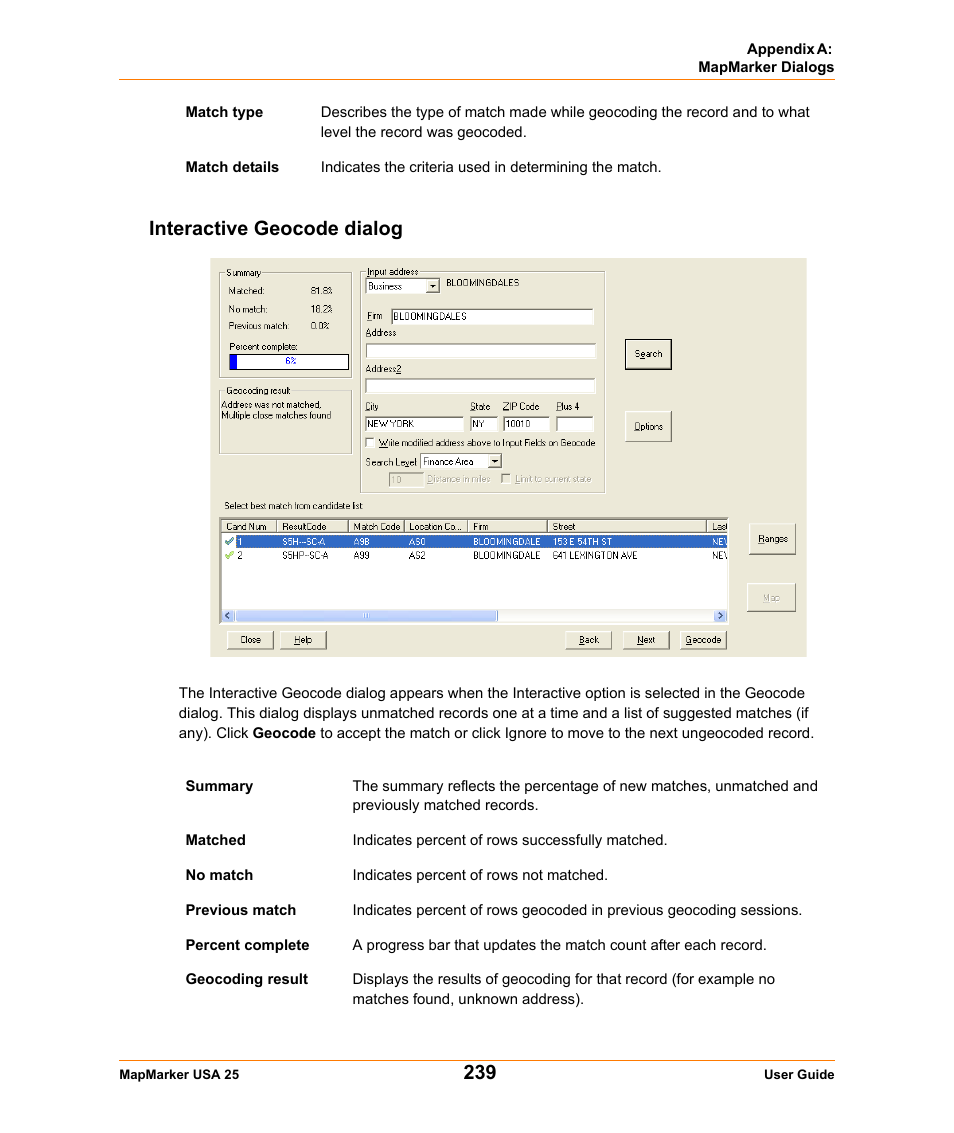 Interactive geocode dialog | Pitney Bowes MapMarker USA User Manual | Page 239 / 334
