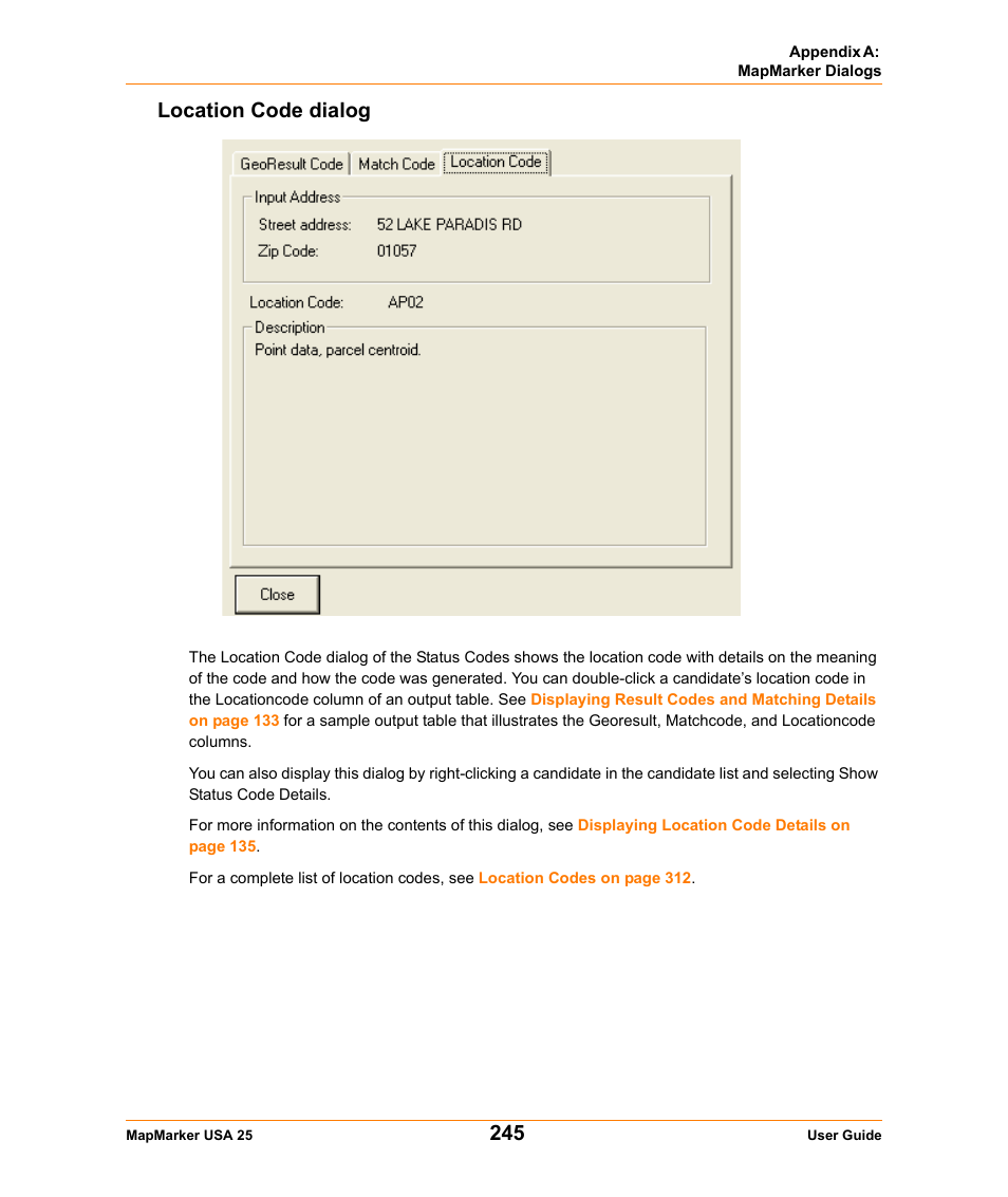 Location code dialog, Location, Code dialog | Location code, Dialog | Pitney Bowes MapMarker USA User Manual | Page 245 / 334