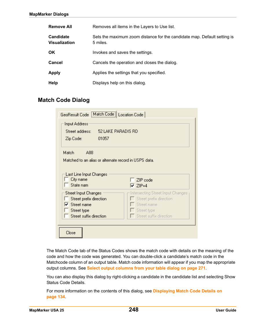 Match code dialog | Pitney Bowes MapMarker USA User Manual | Page 248 / 334
