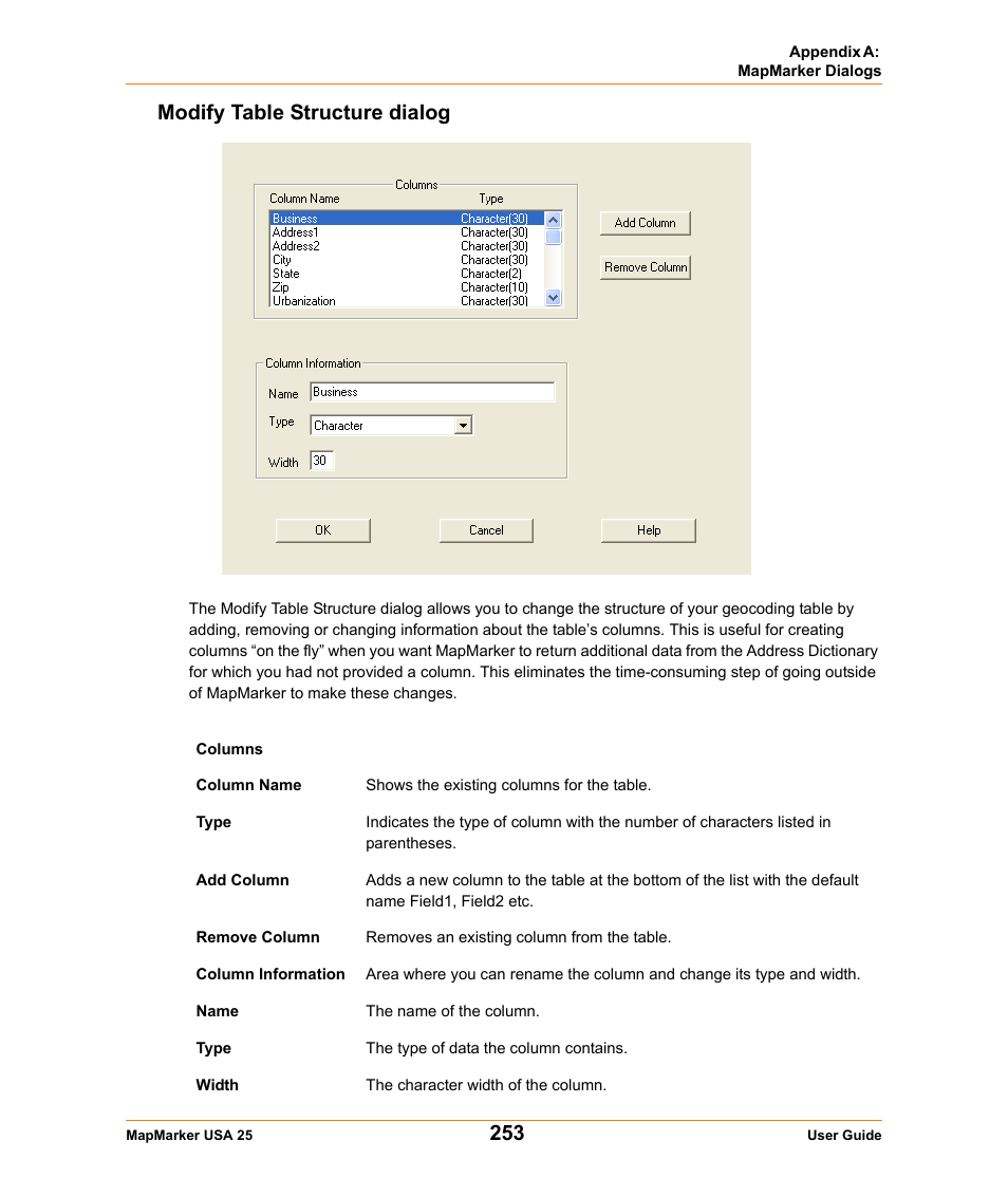 Modify table structure dialog | Pitney Bowes MapMarker USA User Manual | Page 253 / 334