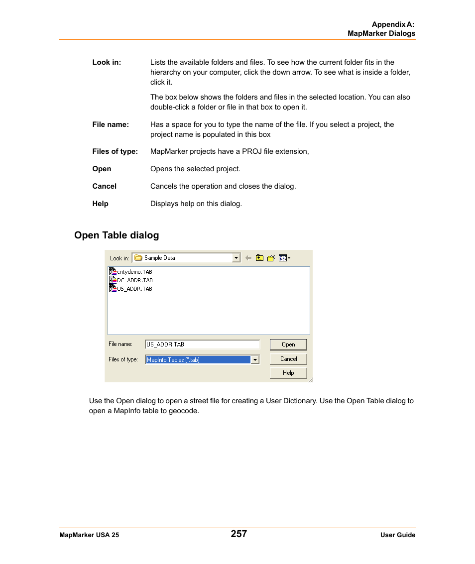 Open table dialog | Pitney Bowes MapMarker USA User Manual | Page 257 / 334