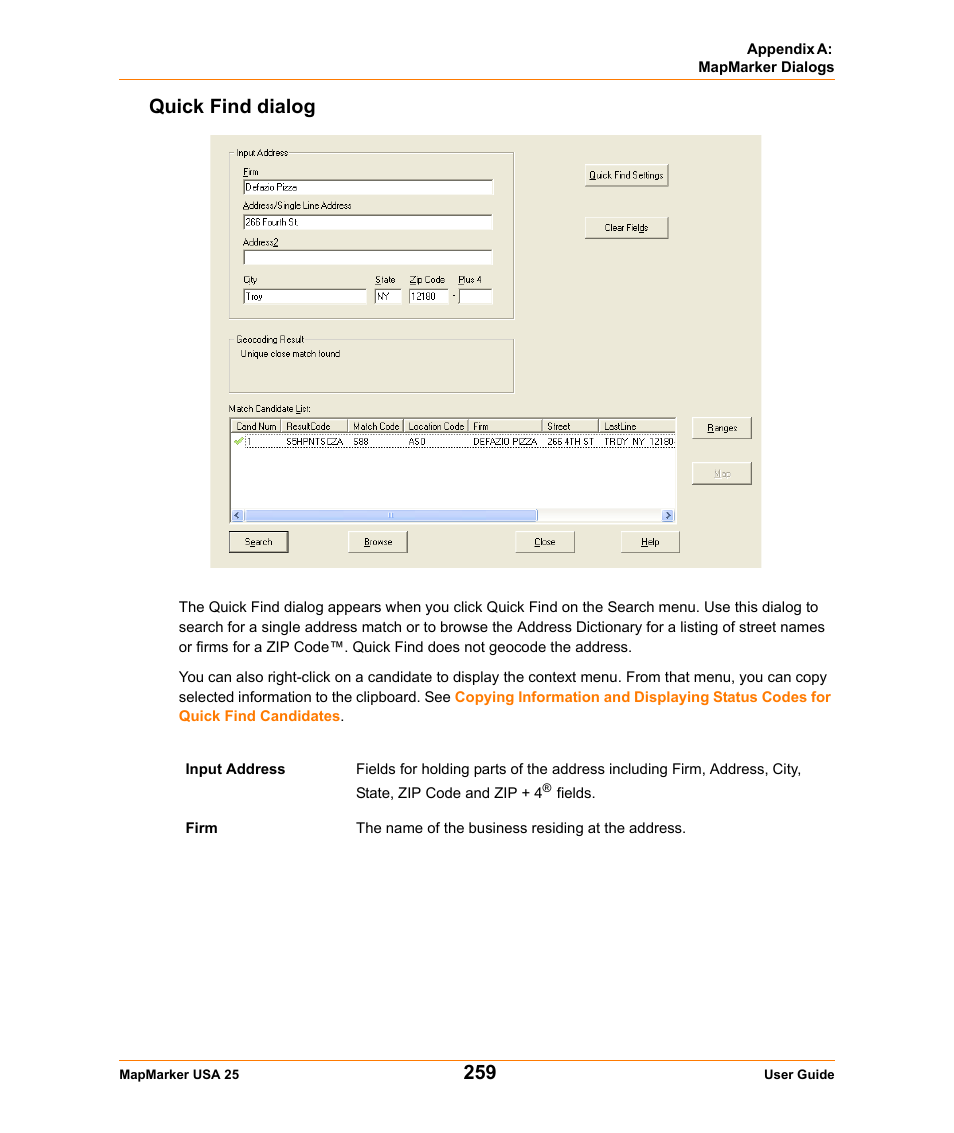 Quick find dialog | Pitney Bowes MapMarker USA User Manual | Page 259 / 334
