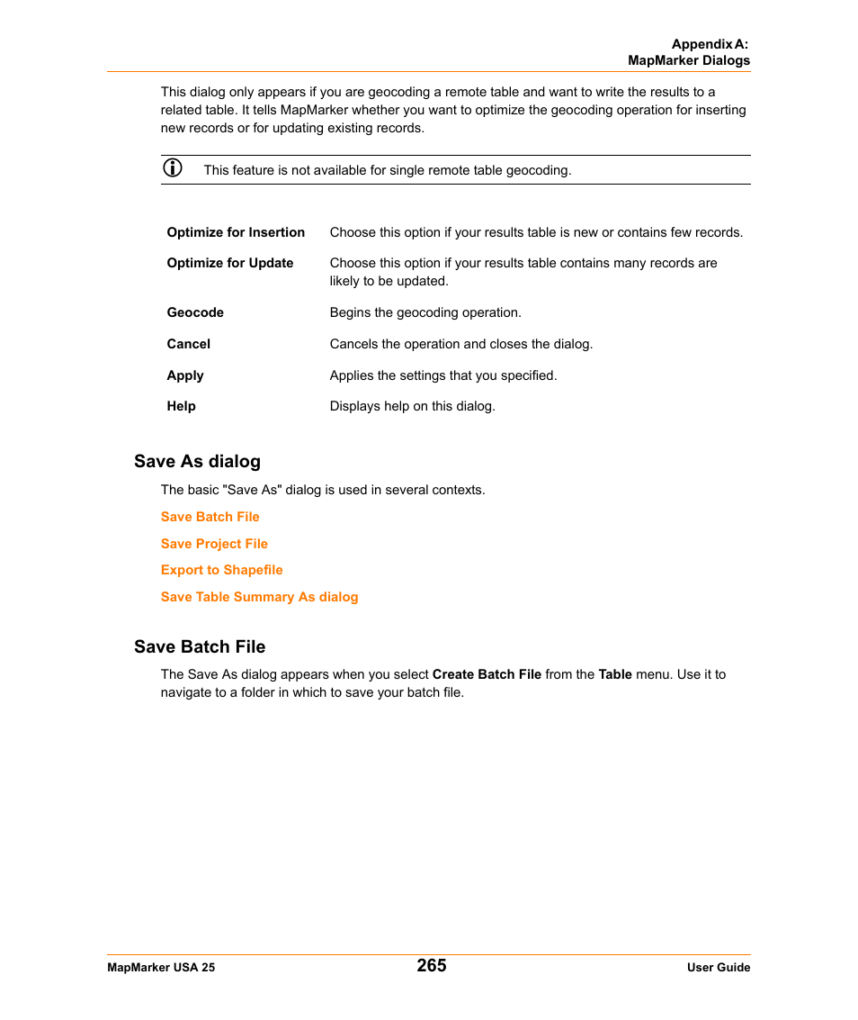 Save as dialog, Save batch file, Save as dialog save batch file | Pitney Bowes MapMarker USA User Manual | Page 265 / 334