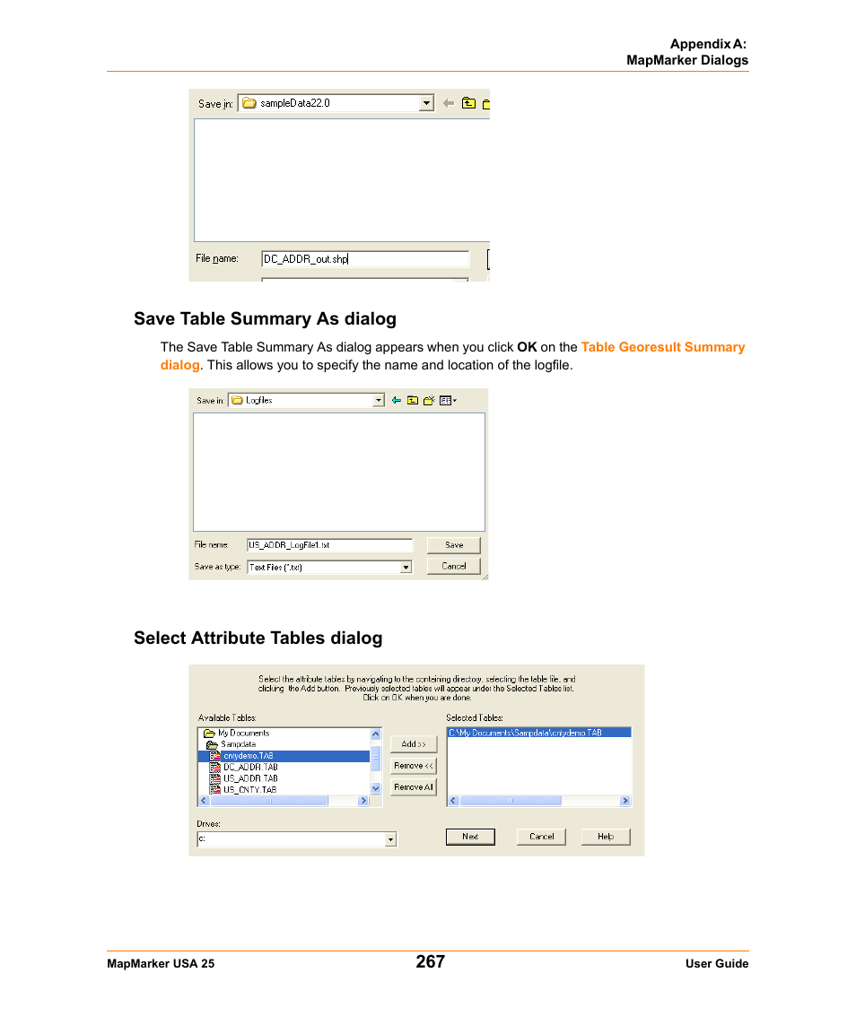 Save table summary as dialog, Select attribute tables dialog | Pitney Bowes MapMarker USA User Manual | Page 267 / 334