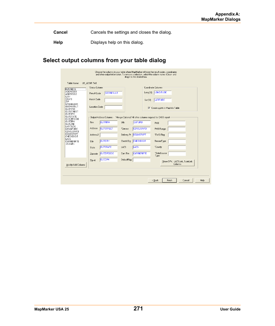 Select output columns from your table dialog | Pitney Bowes MapMarker USA User Manual | Page 271 / 334